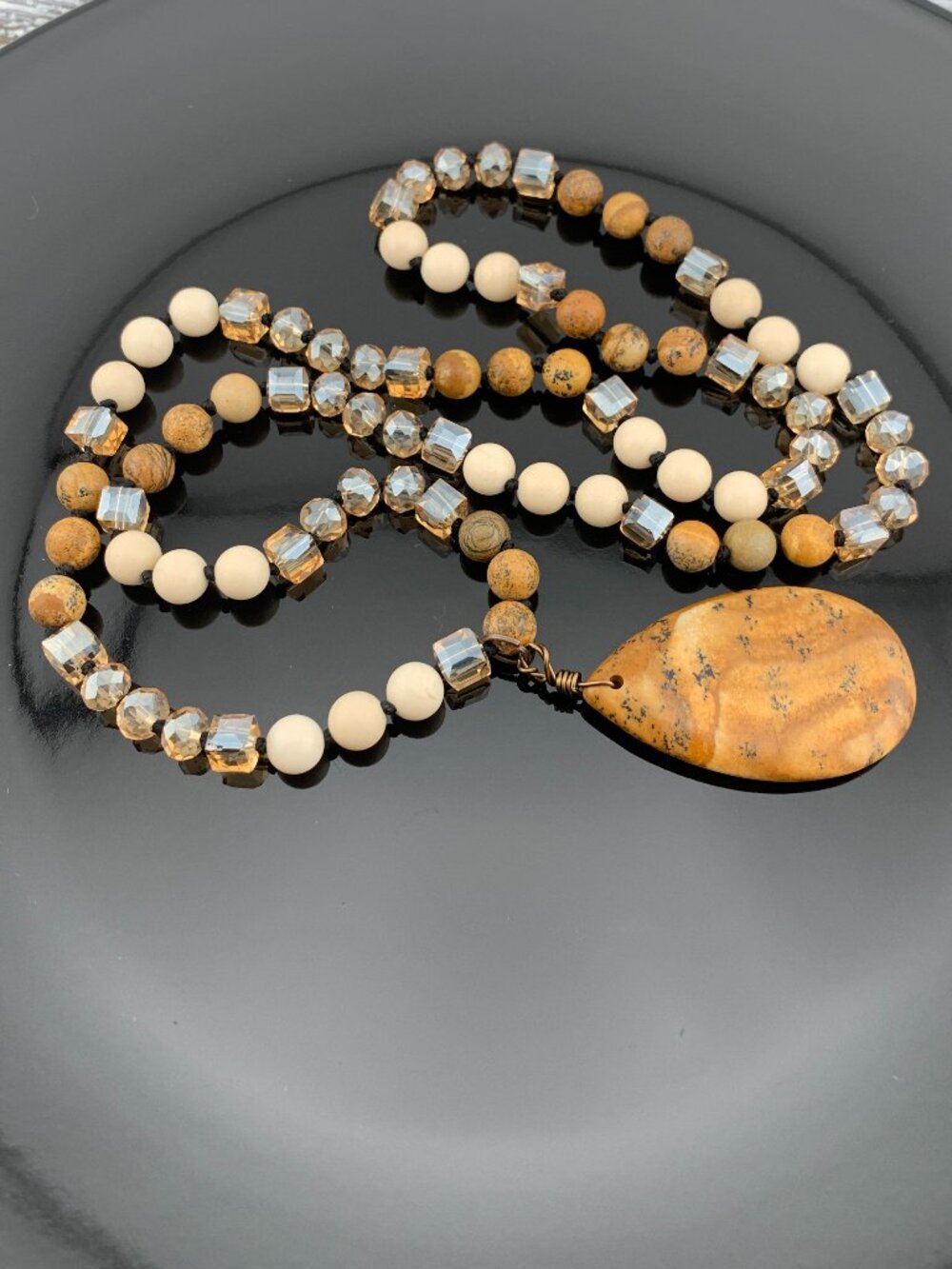 Picture Jasper Tear Shape Mixed Stone & Glass Bead Fashion Necklace J894